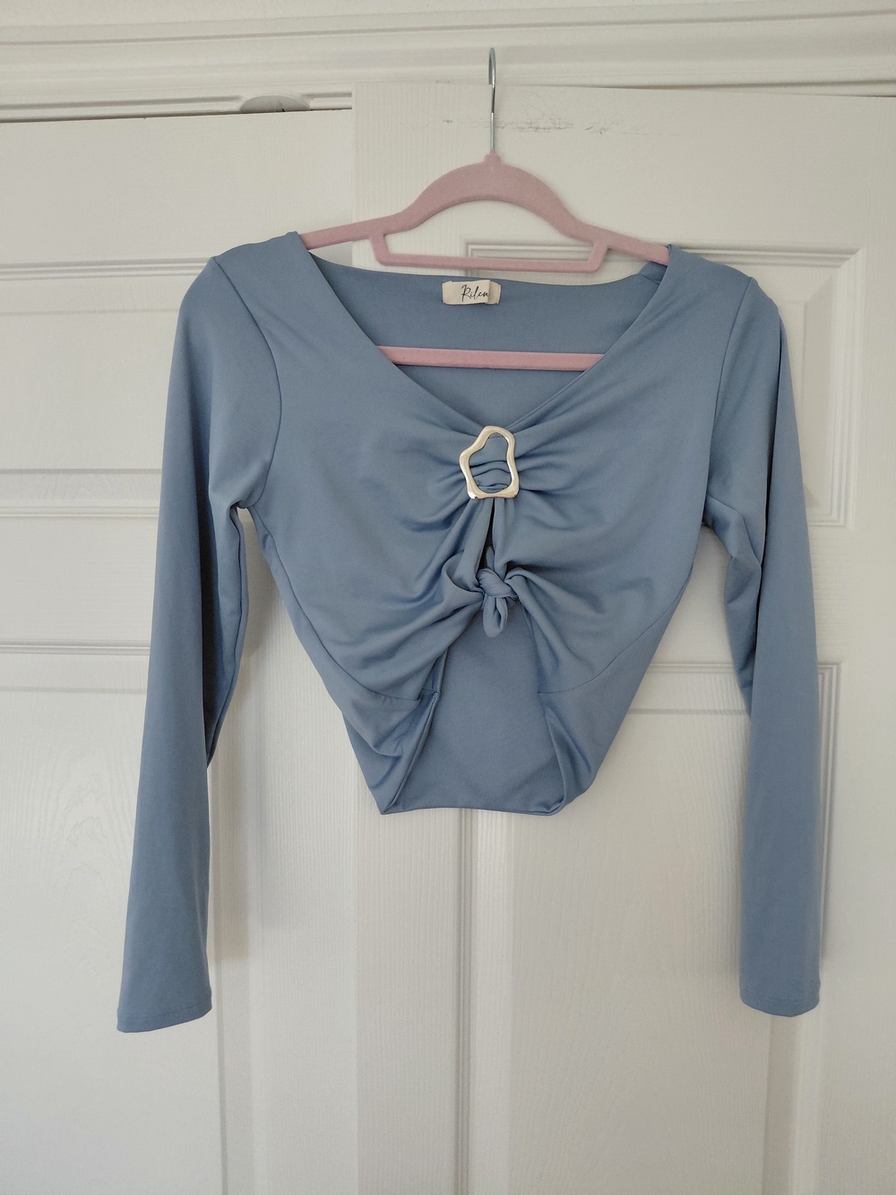 Light Blue Long-Sleeve Knot Front Top